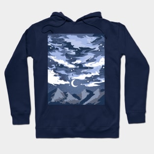 Blue cloudy sky above mountains with a crescent moon Hoodie